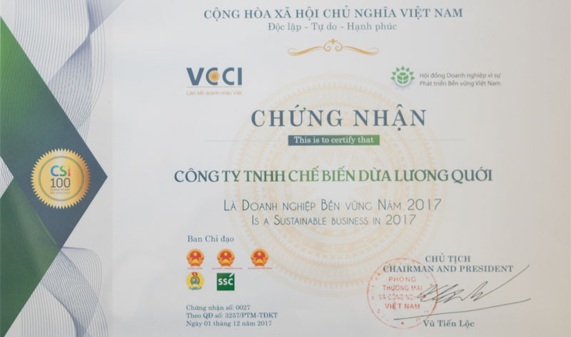 CÔNG TY TNHH CHẾ BIẾN DỪA LƯƠNG QUỚI VINH DỰ ĐƯỢC LỰA CHỌN TRONG DANH SÁCH 100 DOANH NGHIỆP BỀN VỮNG (CSI 100) TẠI VIỆT NAM NĂM 2017