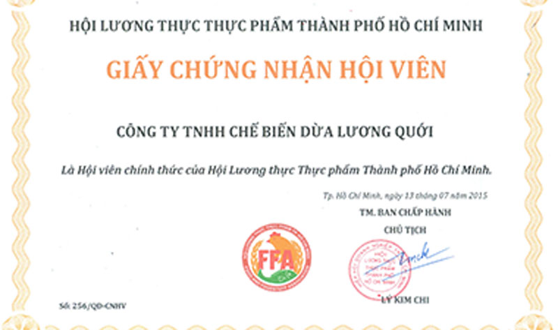 CÔNG TY TNHH CHẾ BIẾN DỪA LƯƠNG QUỚI TRỞ THÀNH HỘI VIÊN HỘI LƯƠNG THỰC THỰC PHẨM TP.HCM